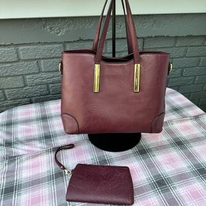 Burgundy vegan shoulder bag and wristlet 12.5Wx10Hx5Deep
